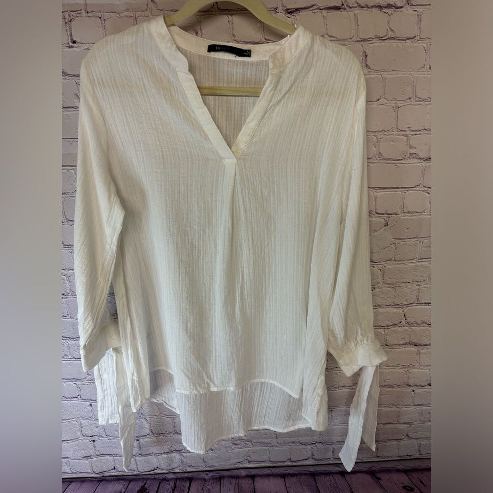 Doe & Rae Cream Cotton Tie Sleeve Festival Boho V Neck Crinkle Popover Top Large